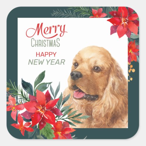 Buff Cocker Spaniel Dog Poinsettia Bouquet  Square Sticker