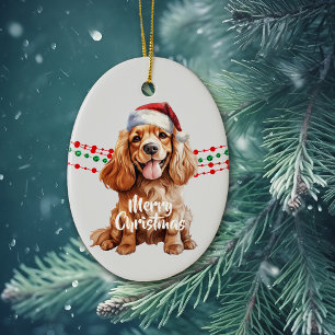 Buff Cocker Spaniel Santa Hat Holiday Beads Ceramic Ornament