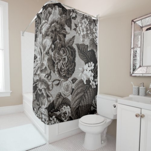 Buff Gray Taupe Vintage Floral Toile No1 Shower Curtain
