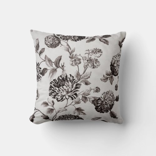 Buff Gray Taupe Vintage Floral Toile No2 Throw Pillow