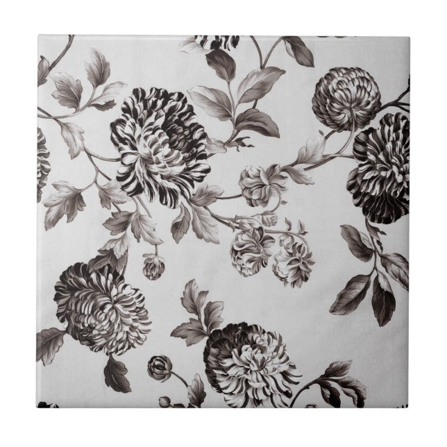 Buff Gray Taupe Vintage Floral Toile No.2 Tile (Front)