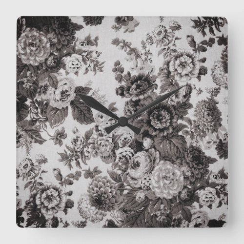 Buff Gray Taupe Vintage Floral Toile No3 Square Wall Clock