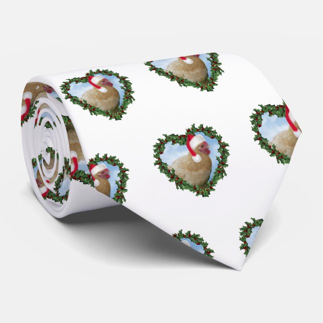 Buff Orpington Chicken in Heart Wreath Christmas Neck Tie (Rolled)