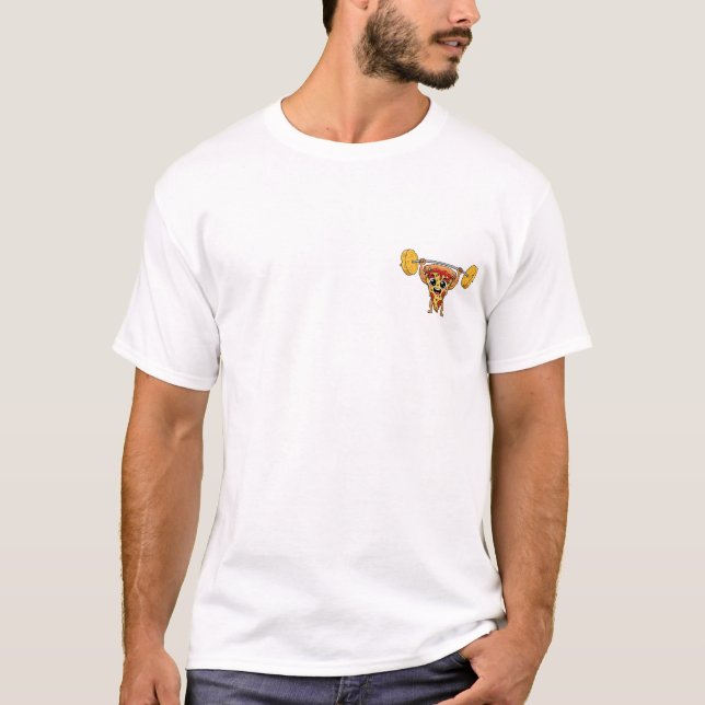 Buff Pizza Slice Lifting Cheese Barbell Cartoon T-Shirt (Front)