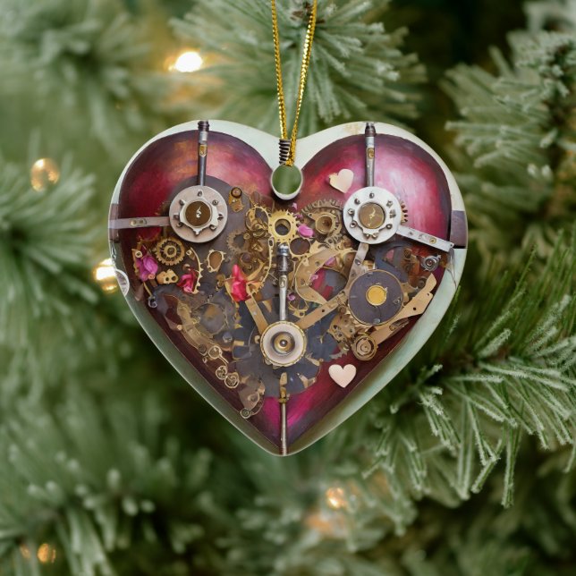 Buff Red Heart Steampunk Series Ceramic Ornament (Tree)