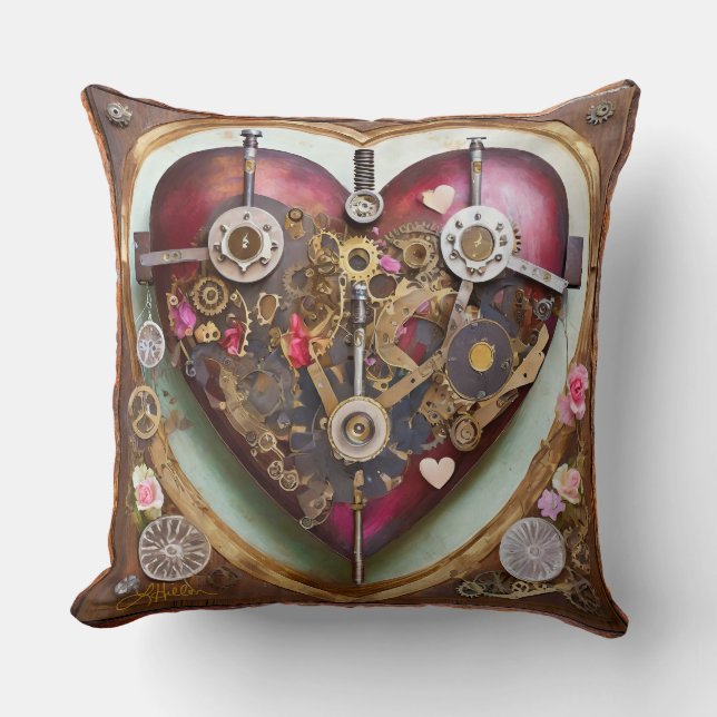 Buff Red Heart Steampunk Series Throw Pillow (Front)