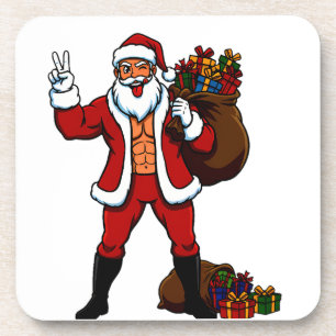 Buff Santa Peace Sign! Ripped Abs & Funny Christma Beverage Coaster