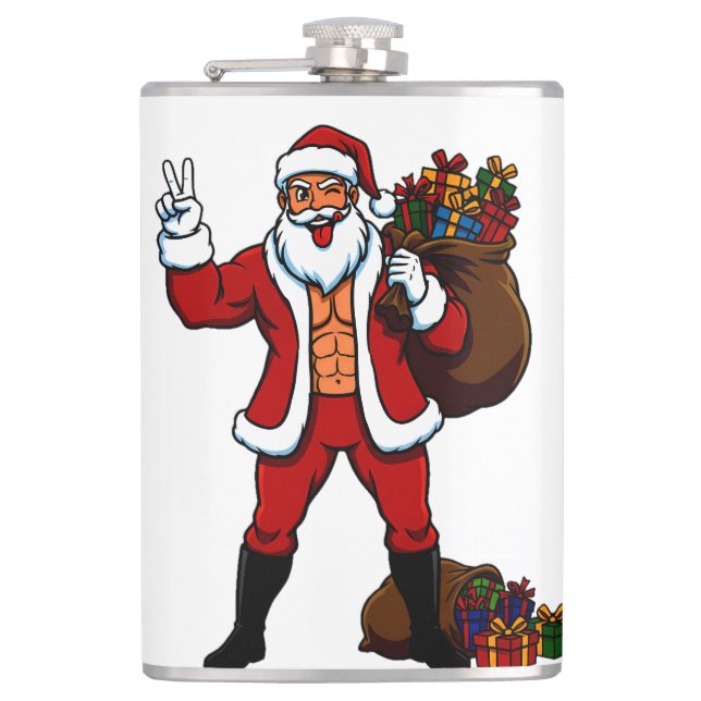 Buff Santa Peace Sign! Ripped Abs & Funny Christma Flask (Front)