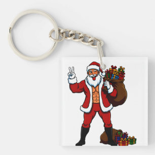 Buff Santa Peace Sign! Ripped Abs & Funny Christma Keychain