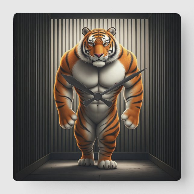 Buff tiger caged square clock (Front)