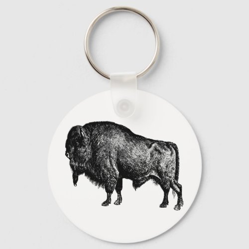 Buffalo American Bison Vintage Wood Engraving Keychain