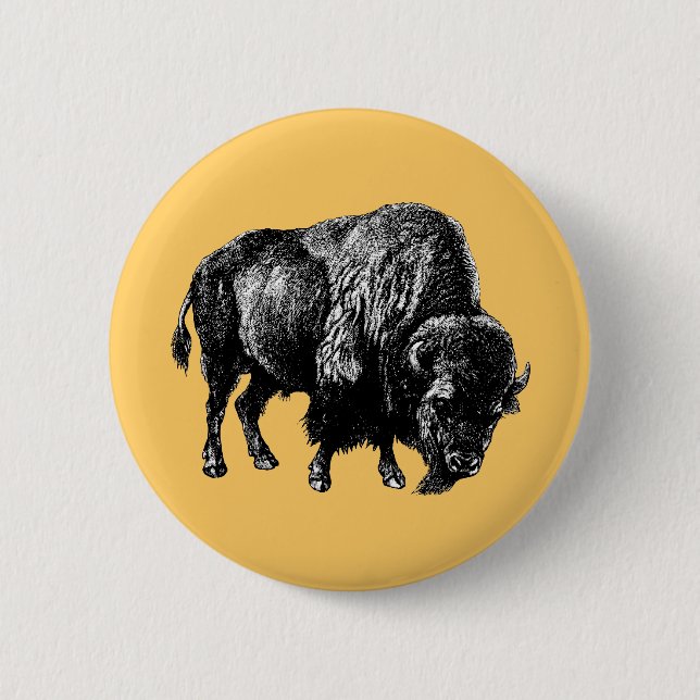 Buffalo American Bison Vintage Wood Engraving Pinback Button (Front)