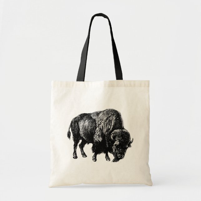 Buffalo American Bison Vintage Wood Engraving Tote (Front)