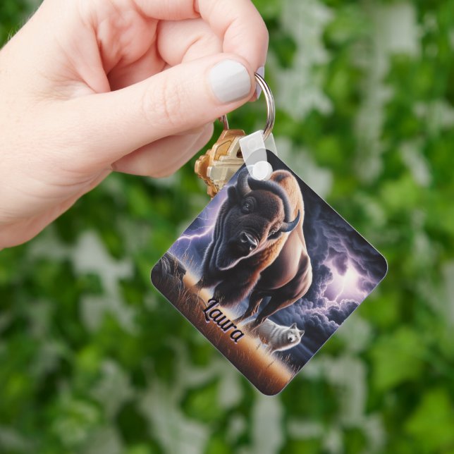 Buffalo and Wolf in a Thunderstorm with Lightning Keychain (Hand)