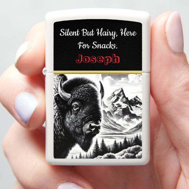 Buffalo at Dawn in Mountain Landscape Zippo Lighter (In Hand)