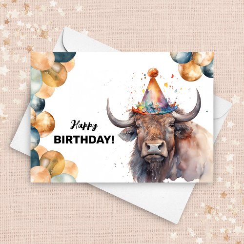 Buffalo Balloons and Party Hat Wild Bison Birthday Card