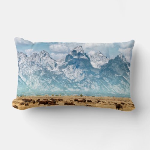 Buffalo Below the Grand Teton Mountains Lumbar Pillow