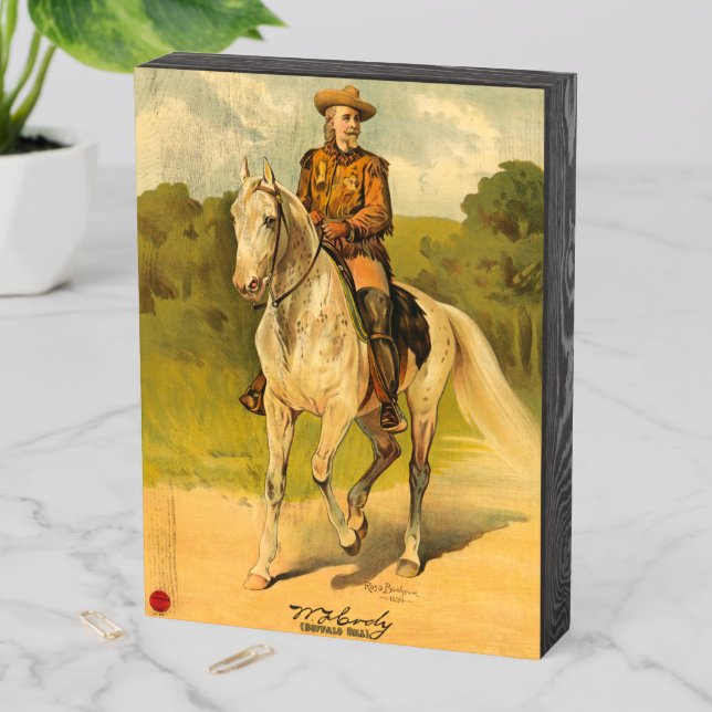 Buffalo Bill Cody on Horse Wooden Box Sign (In Situ Vertical)