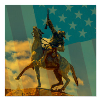 Buffalo Bill Cody statue Cody, Wyoming & USA flag Poster