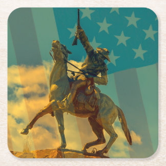 Buffalo Bill Cody statue Cody, Wyoming & USA flag Square Paper Coaster