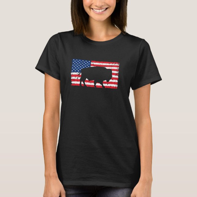 Buffalo Bison American Flag July 4th USA Patriotic T-Shirt (Front)