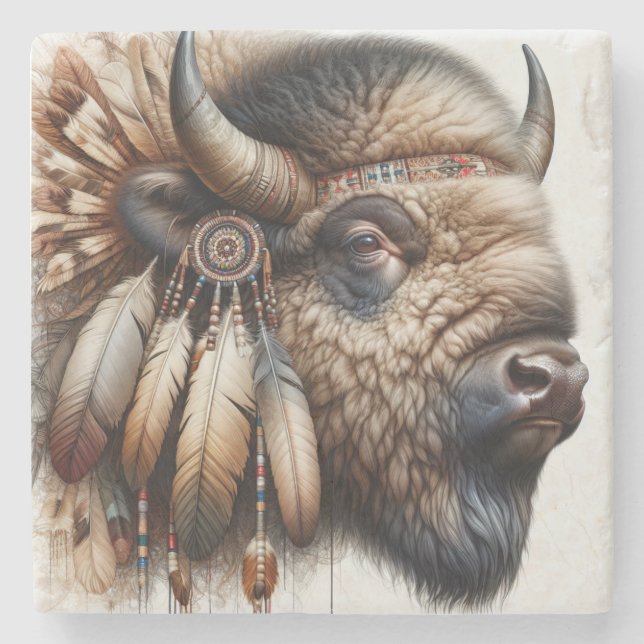 Buffalo Bison American Indian Art Stone Coaster (Front)
