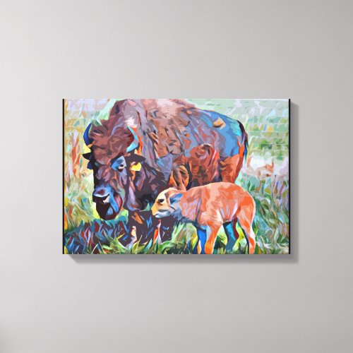 Buffalo Bison and Baby Original Abstract Animal Canvas Print