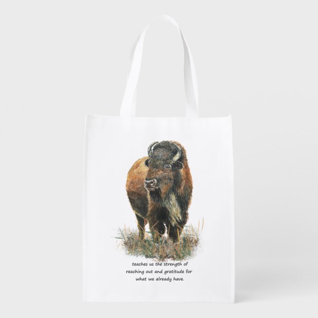 Buffalo Bison Animal Totem Spirit Guide Art Grocery Bag (Back)