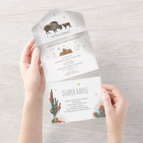 Buffalo Bison Cacti Diaper Raffle Girl Baby Shower All In One Invitation