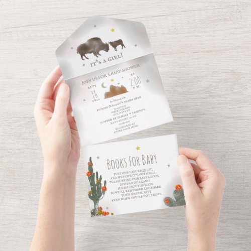 Buffalo Bison Cactus Book Request Girl Baby Shower All In One Invitation