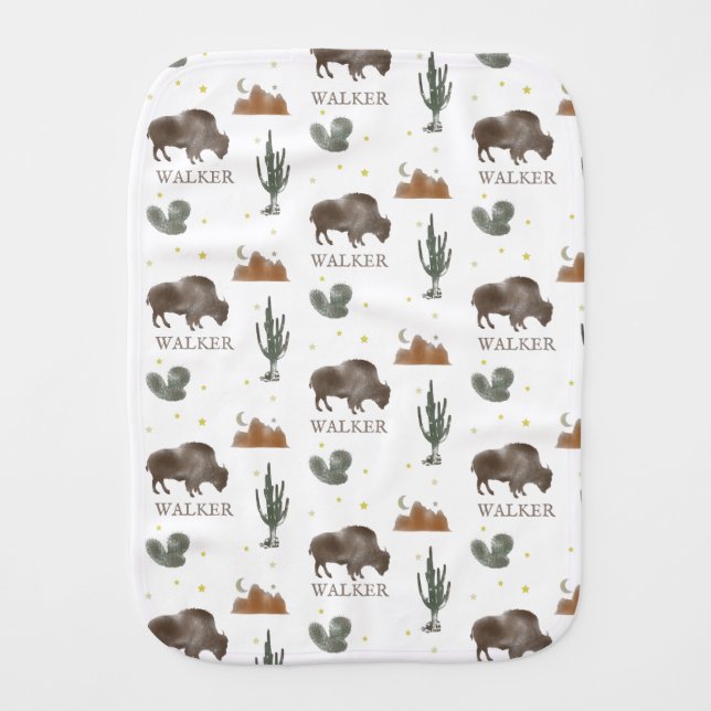 Buffalo Bison Cactus Desert Night Baby Burp Cloth (Front)