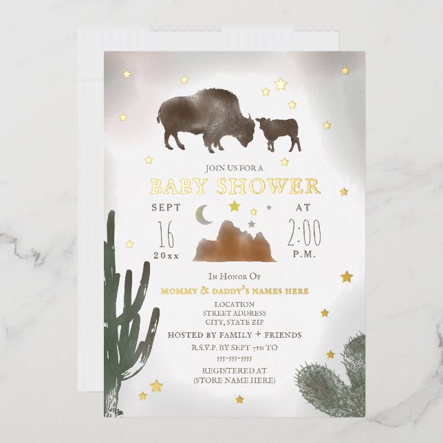 Buffalo Bison Cactus Desert Stars Baby Shower Foil Invitation (Envelope)