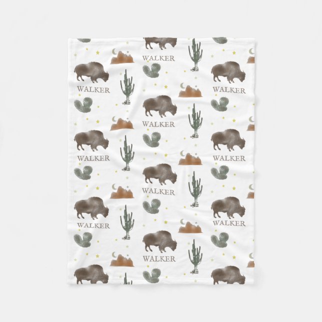 Buffalo Bison Cactus Desert Stars Fleece Blanket (Front)