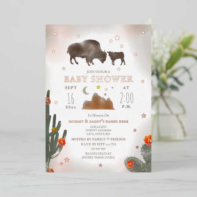 Buffalo Bison Cactus Stars Girl Baby Shower Foil Invitation (Standing Front)