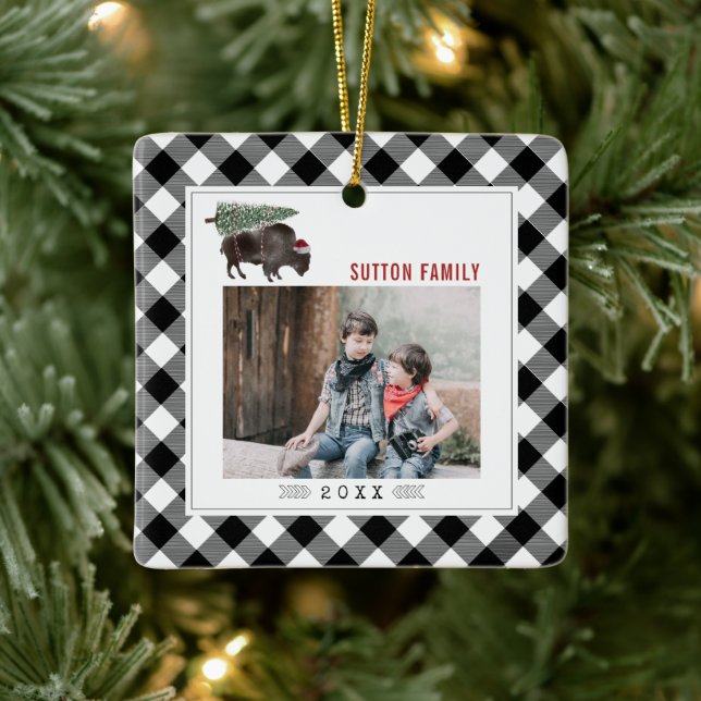 Buffalo Bison Christmas Tree Plaid Photo Cowboy Ceramic Ornament (Tree)