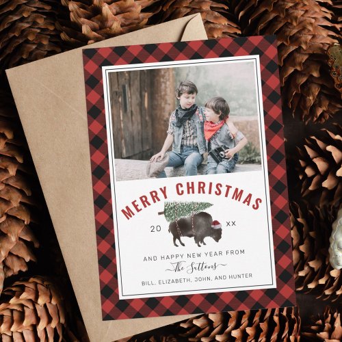 Buffalo Bison Christmas Tree Red Plaid Photo Holiday Card