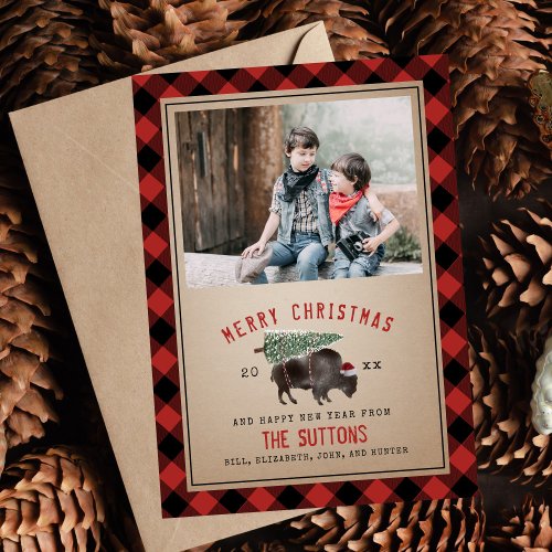 Buffalo Bison Christmas Tree Rustic Red Plaid Holiday Card