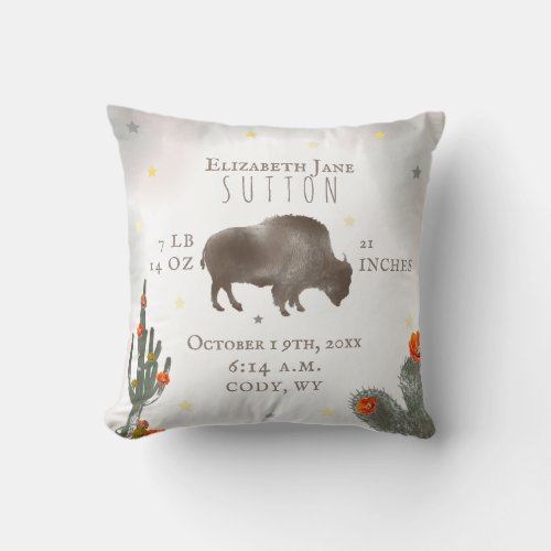 Buffalo Bison Desert Cacti Baby Birth Stats Floral Throw Pillow