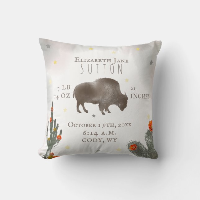 Buffalo Bison Desert Cacti Baby Birth Stats Floral Throw Pillow (Front)