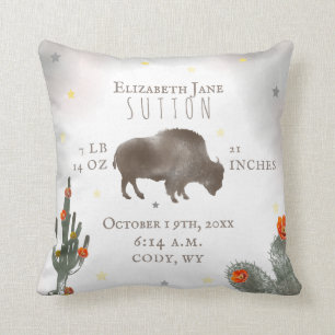 Buffalo Bison Desert Cacti Baby Birth Stats Floral Throw Pillow