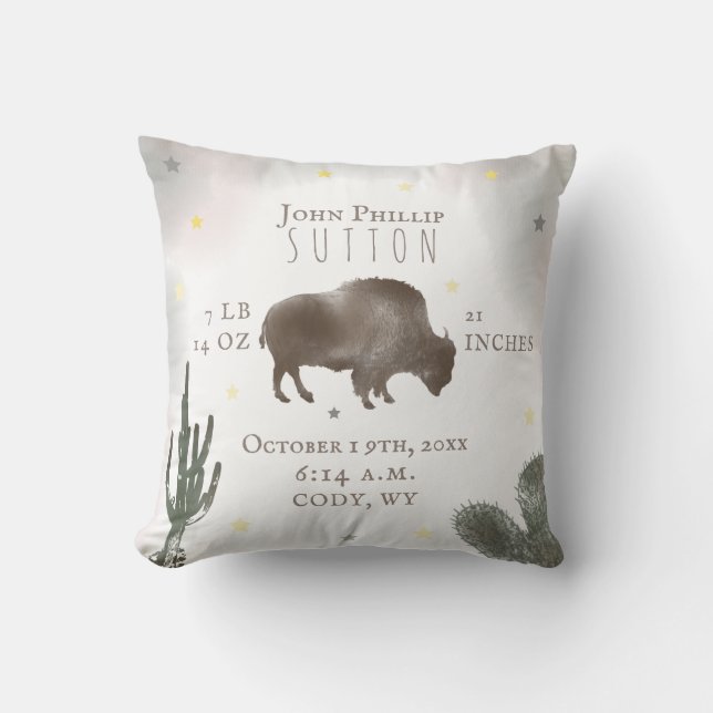 Buffalo Bison Desert Cactus Baby Birth Stats Throw Pillow (Front)