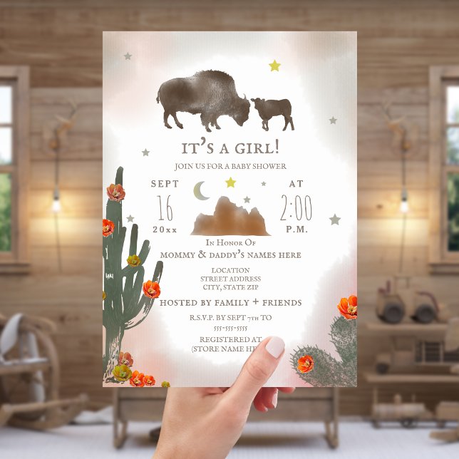 Buffalo Bison Desert Cactus Girl Baby Shower Invitation