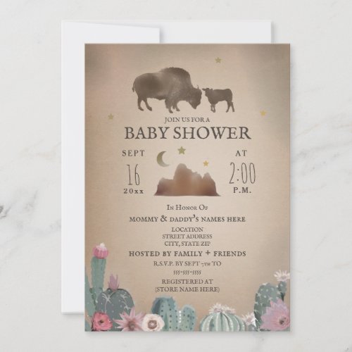 Buffalo Bison Desert Floral Girl Baby Shower Invitation