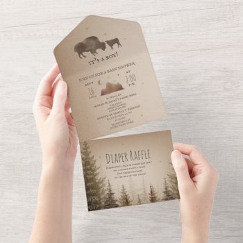 Buffalo Bison Evergreen Diaper Raffle Baby Shower  All In One Invitation by JillsPaperie at Zazzle