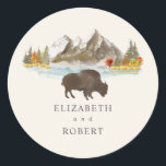 Buffalo Bison Fall Autumn Mountain Wedding Classic Round Sticker<br><div class="desc">Buffalo with watercolor inspired fall foliage mountain lake scene with wedding names.</div>