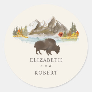 Buffalo Bison Fall Autumn Mountain Wedding Classic Round Sticker