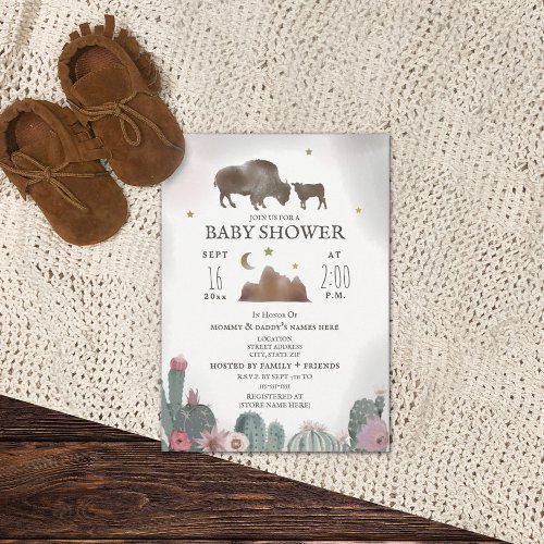 Buffalo Bison Floral Cactus Girl Baby Shower  Invitation