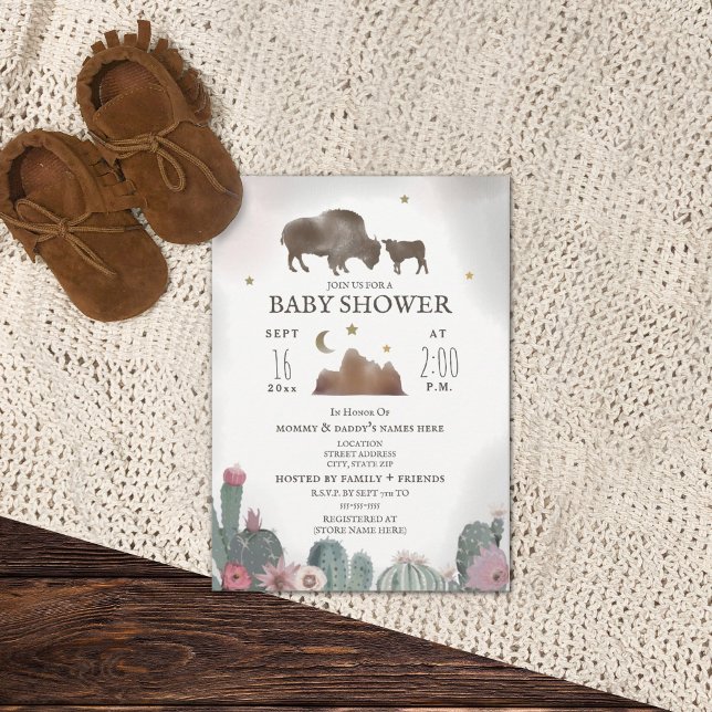 Buffalo Bison Floral Cactus Girl Baby Shower  Invitation