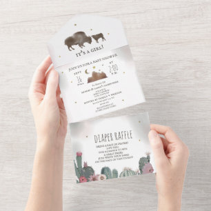 Buffalo Bison Girl Baby Shower Diaper Raffle All In One Invitation