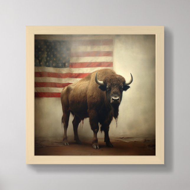 Buffalo (Bison) in front of a flag Framed Art (Framed Front)